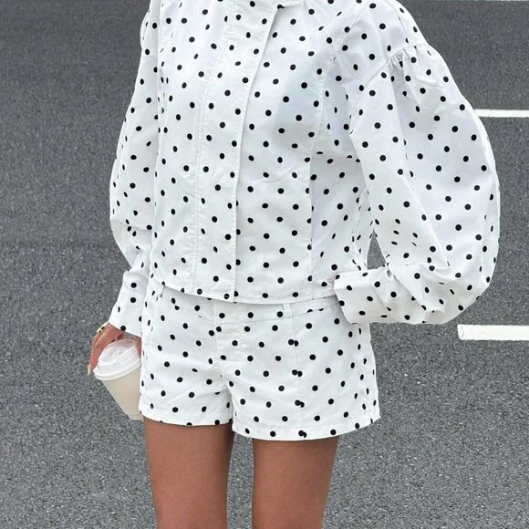 Casual Women's Polka Dot Print Long Sleeve Zip Front Jacket And Shorts set - Picture 5 of 6